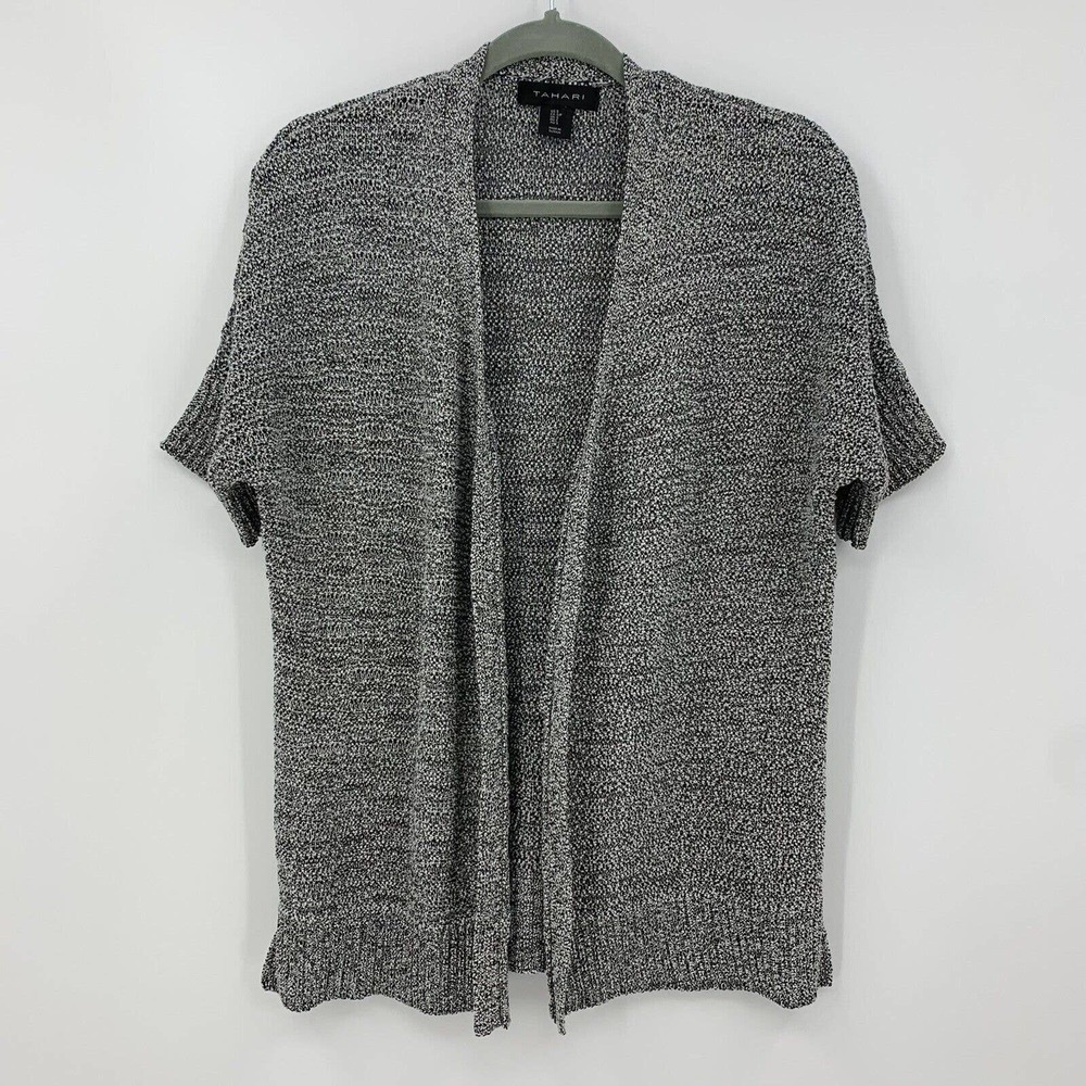 Tahari Sweater Cardigan Size S Gray Knitted Open Front Short Sleeve Ribbed Trim